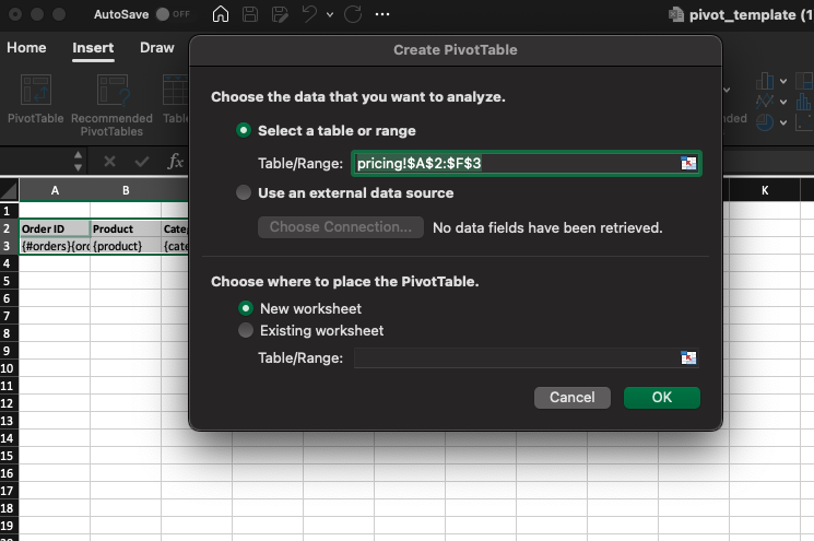 Selecting New Worksheet